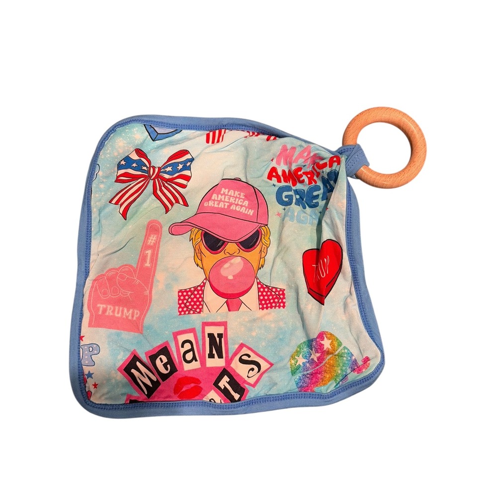 Trump Girl Bamboo Lovey Security Blanket with Wooden Teething‎ Ring Blue MAGA